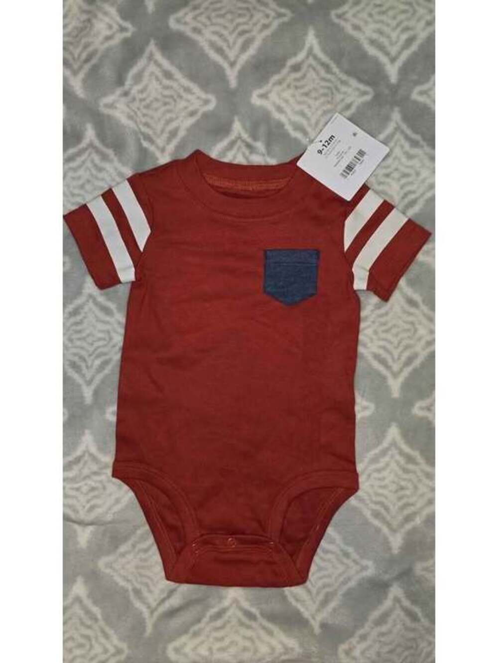 Carter's Baby Bodysuit 9-12m Red Striped Sleeves Denim Pocket